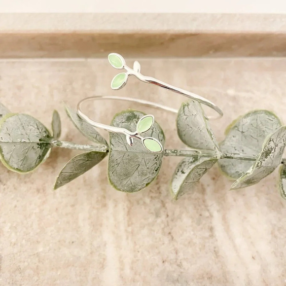 925 Sterling Silver Green Flower Cuff Bracelet Leaf Bracelet Silver Bangle Cuff - Picture 3 of 5